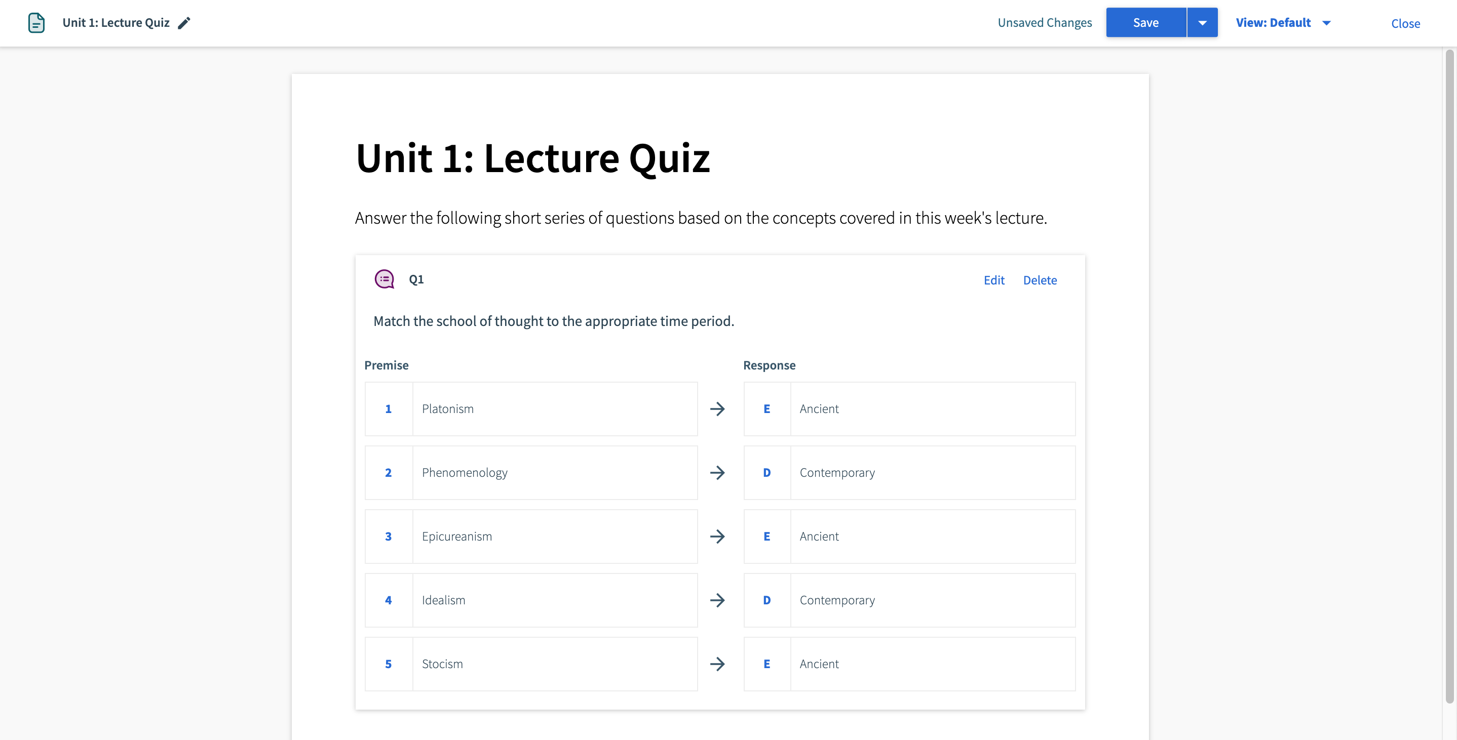 Matching question embedded in a Page.