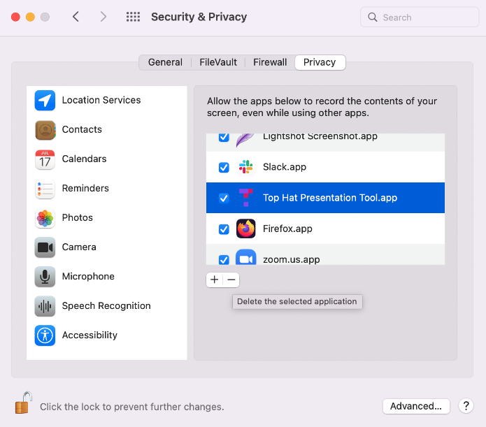 MacOS Security and Privacy window showing the Screen Recording tab with Top Hat Presentation Tool selected for removal.