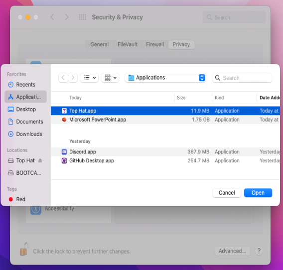 The file selection dialog used to re-add the Presentation Tool to the Screen Recording permission list.
