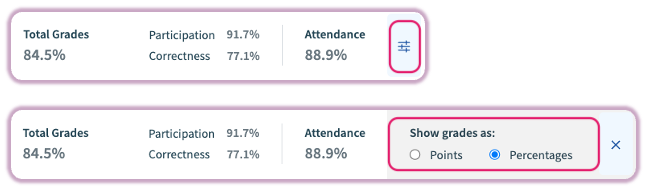 The dropdown settings menu in the Gradebook showing the option to switch between points and percentages.