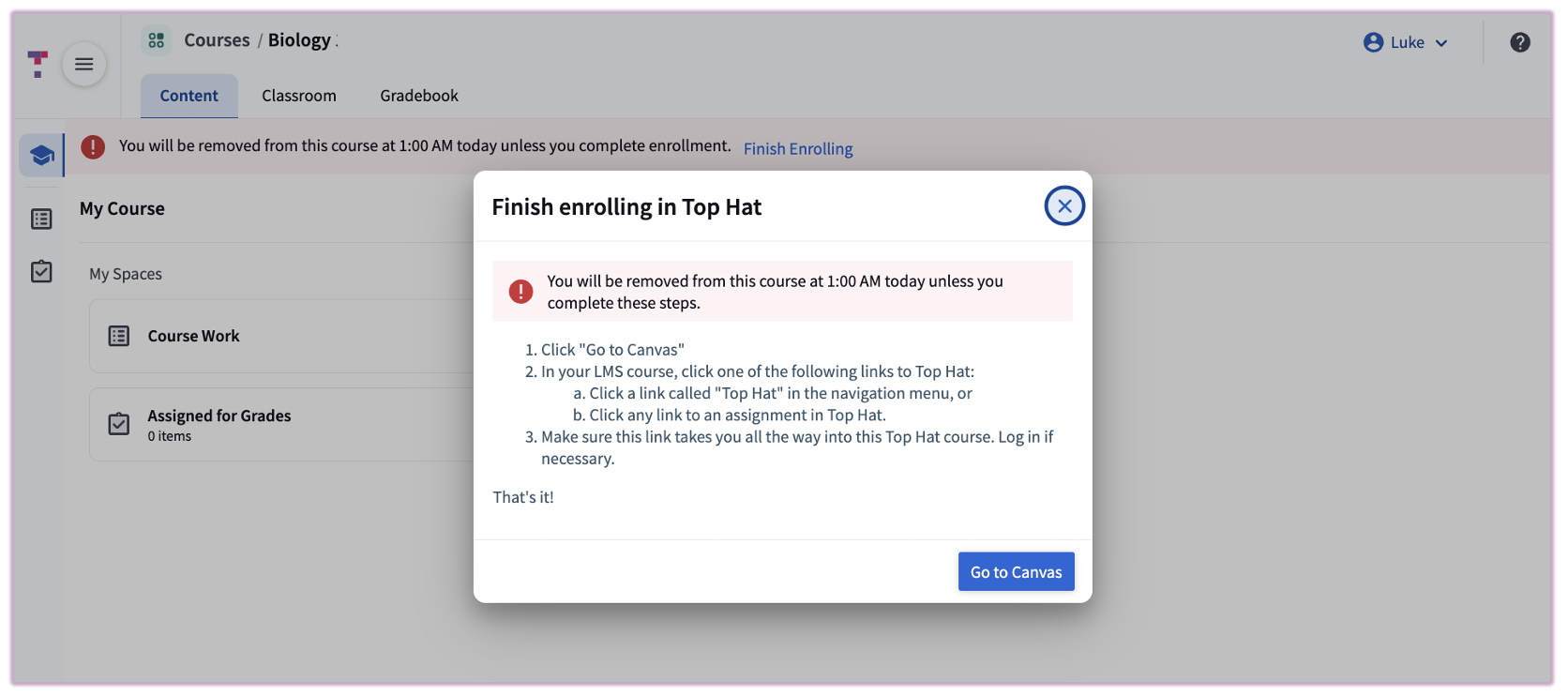 A pop-up window in Top Hat titled 'Finish your enrollment' with a button to sync account details.