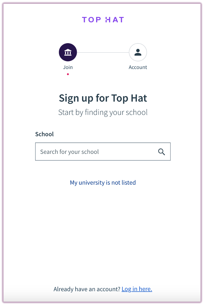 Search field on the signup page used to locate and select your educational institution.