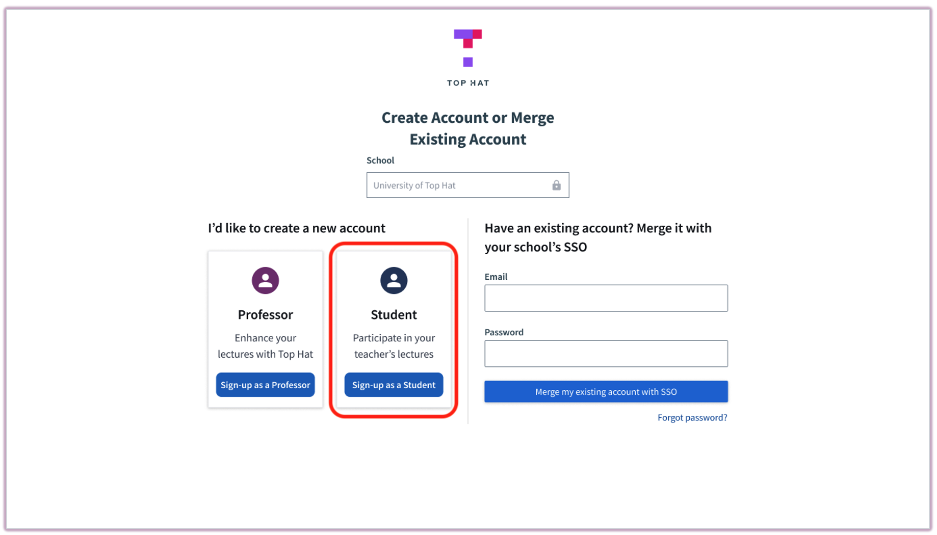 Account selection screen asking users if they want to create a new account or link an existing one using school credentials.