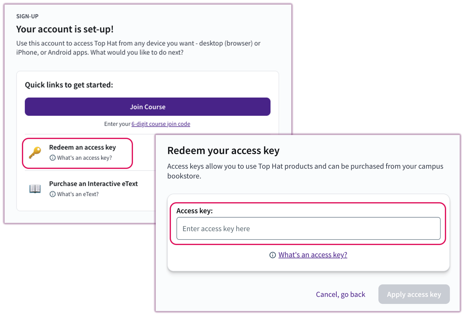Access Key redemption screen with a text input field for the code.