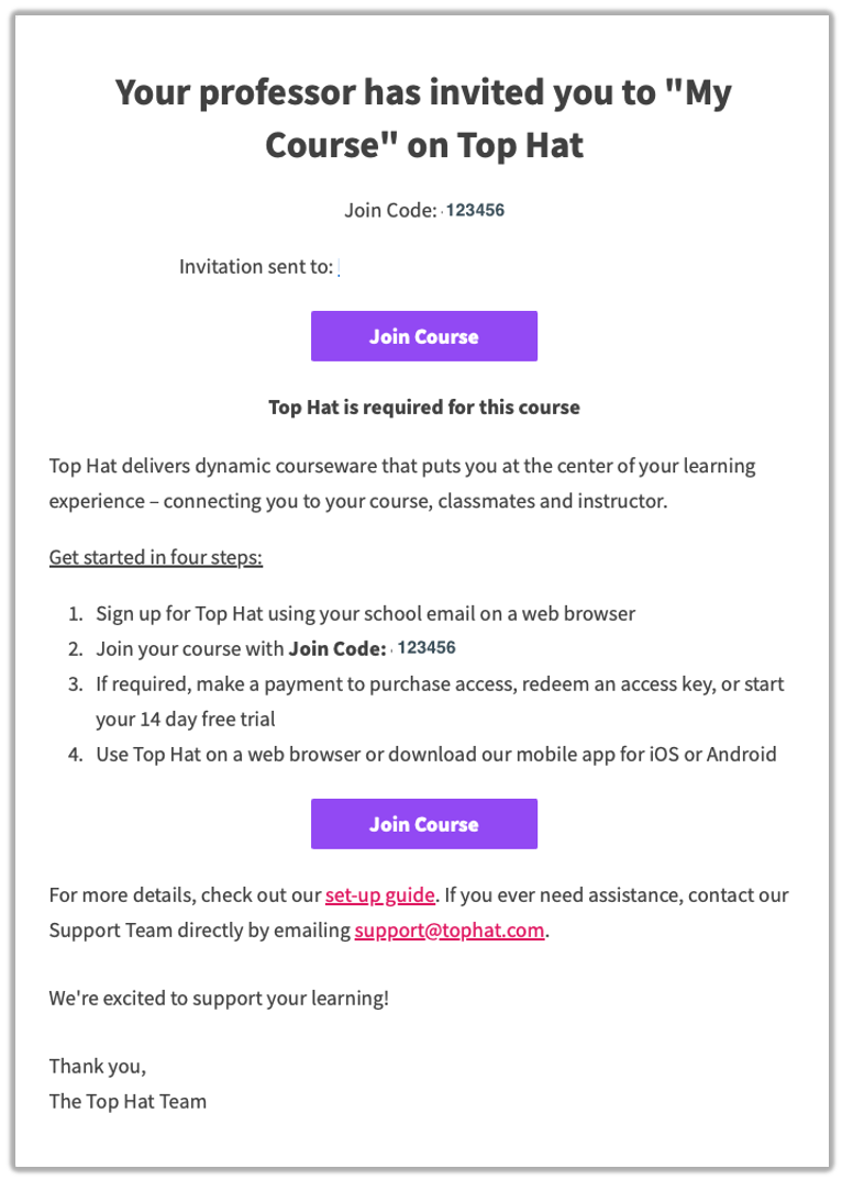 Example of a Top Hat invitation email with a prominent purple 'Join Course' button.