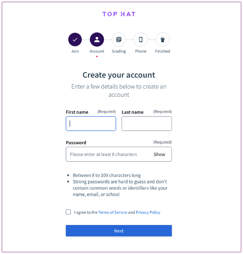 Registration form with fields for First Name, Last Name, and Password.