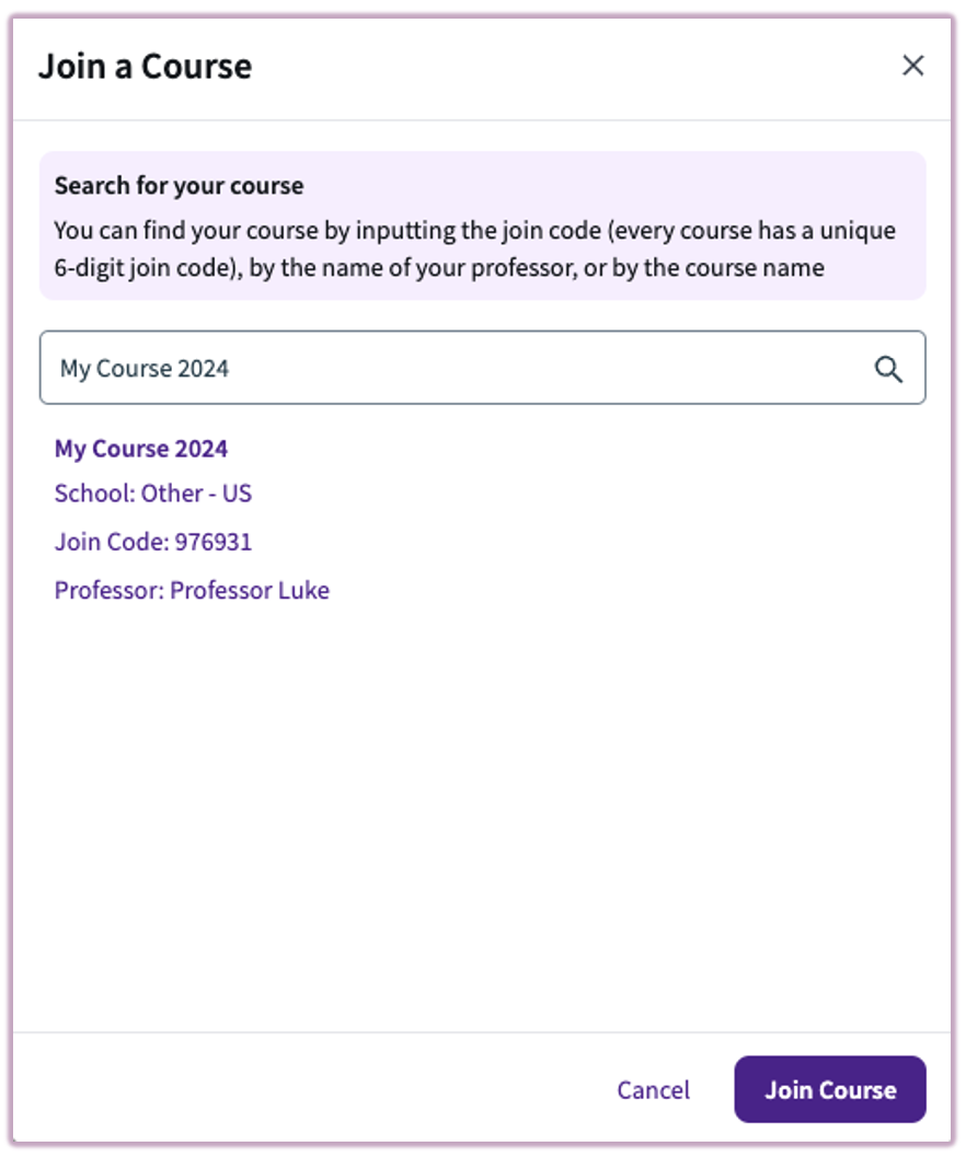 The Join a Course interface featuring a search bar for course names and a field for the 6-digit Join Code.