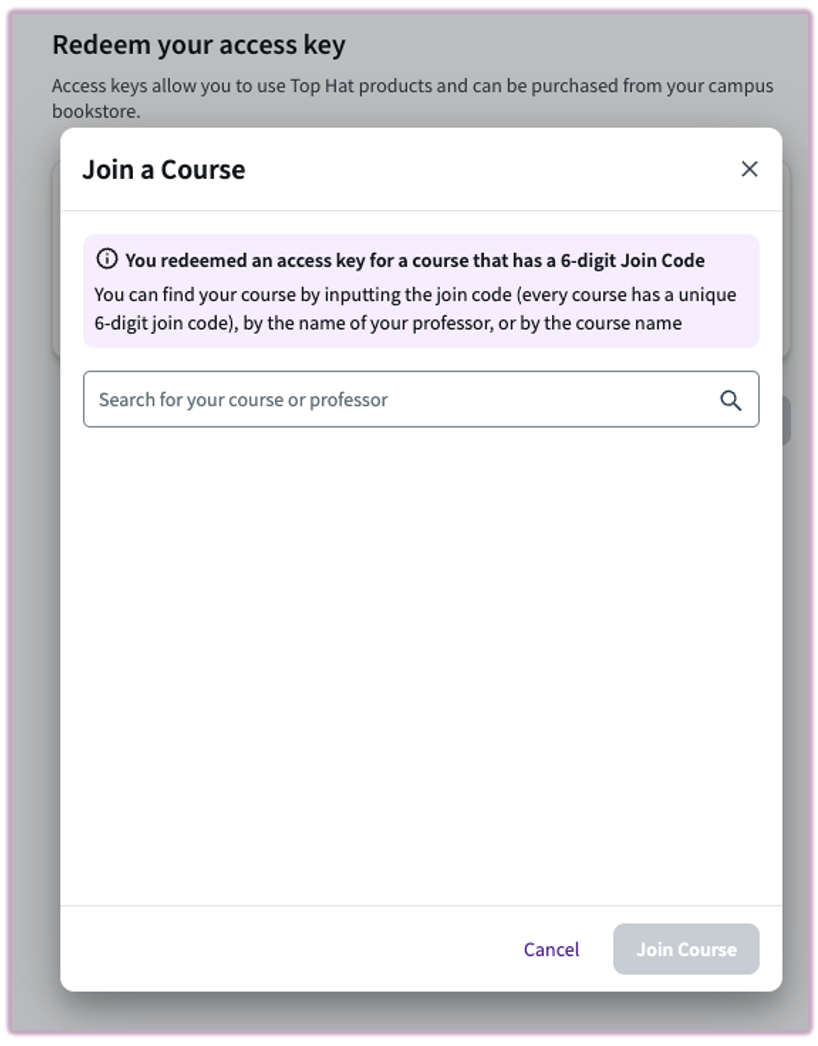 Course enrollment confirmation screen displayed after a valid access key is redeemed.