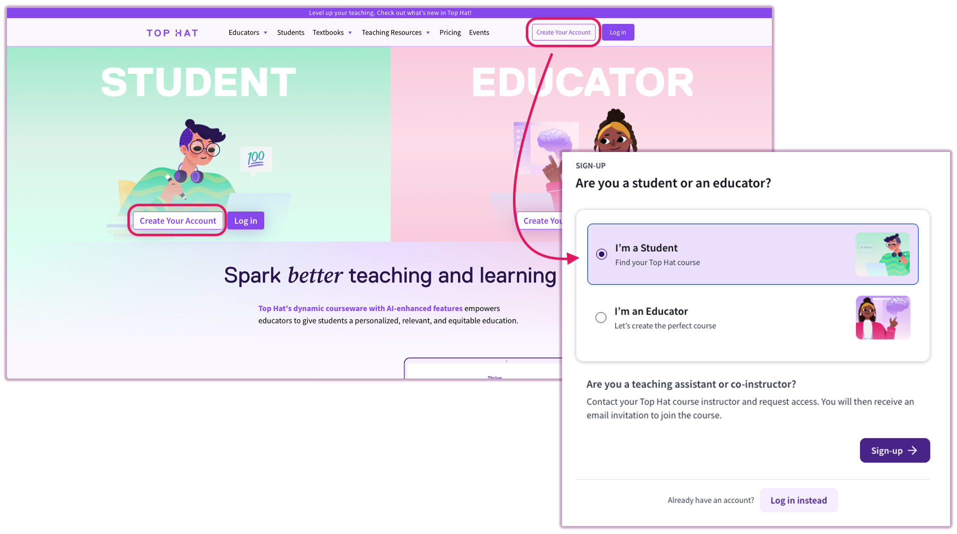 Top Hat homepage highlighting the 'Create Account' button in the navigation header.