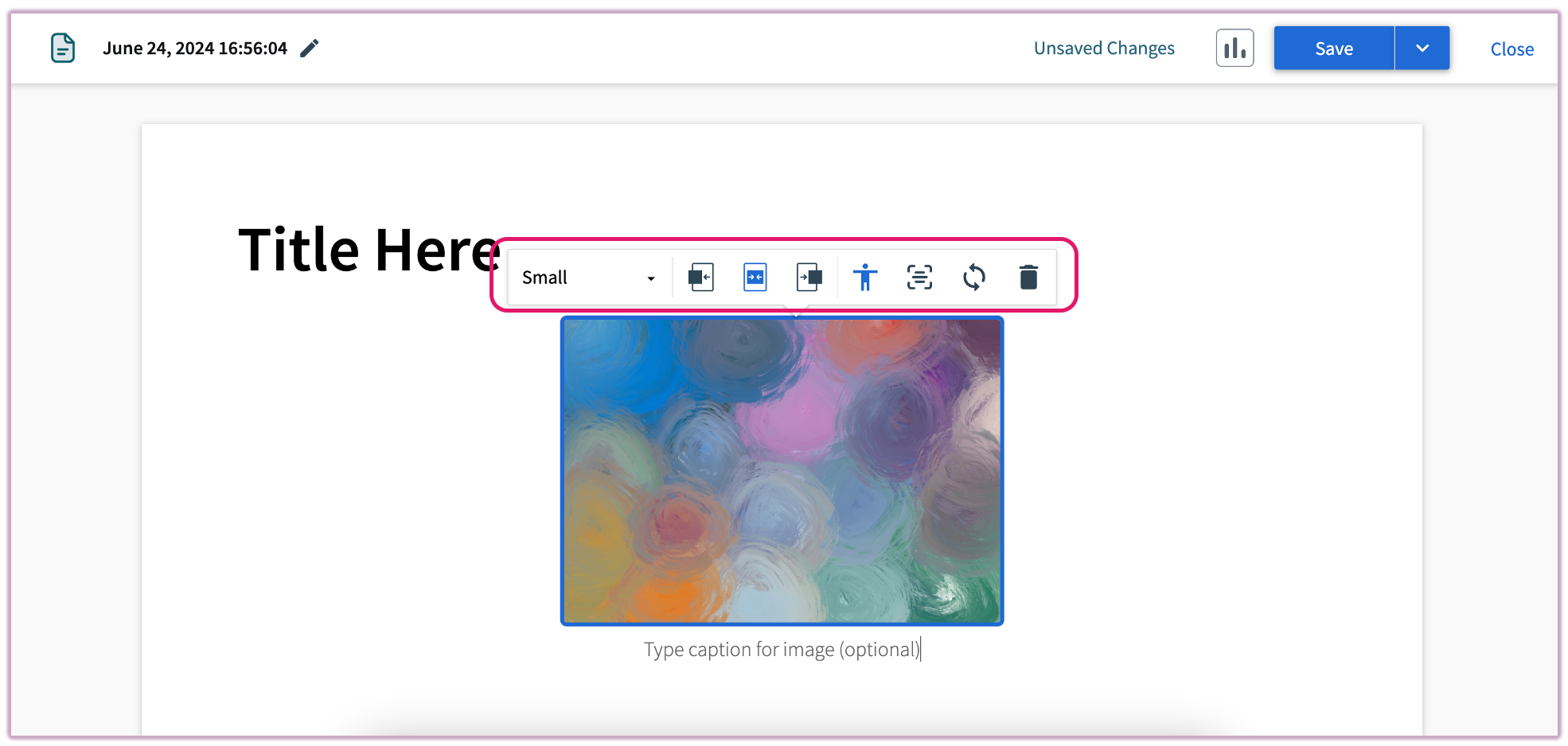 The image formatting toolbar appearing above an embedded image in a Top Hat Page.