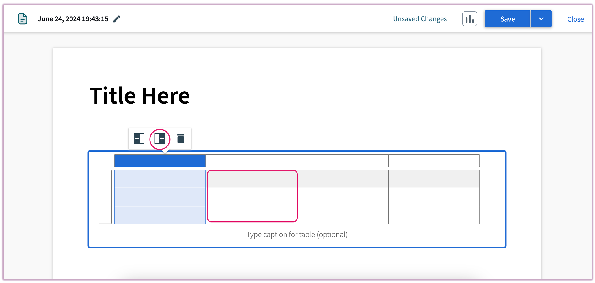An active table in Top Hat Pages with the row and column edit menus visible.
