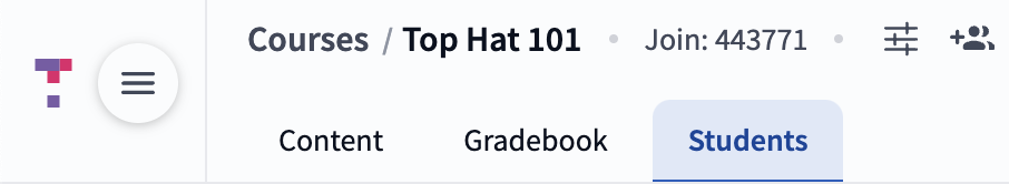The Students tab highlighted in the main course navigation menu.