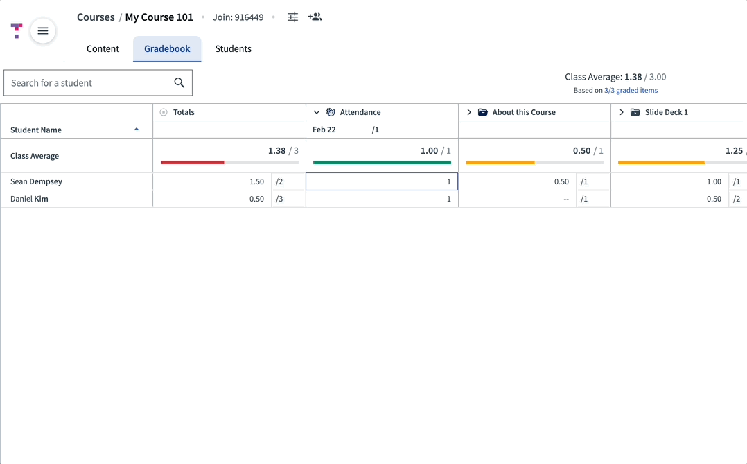 [Animation showing an instructor adjusting an attendance grade and adding a comment in the Gradebook]