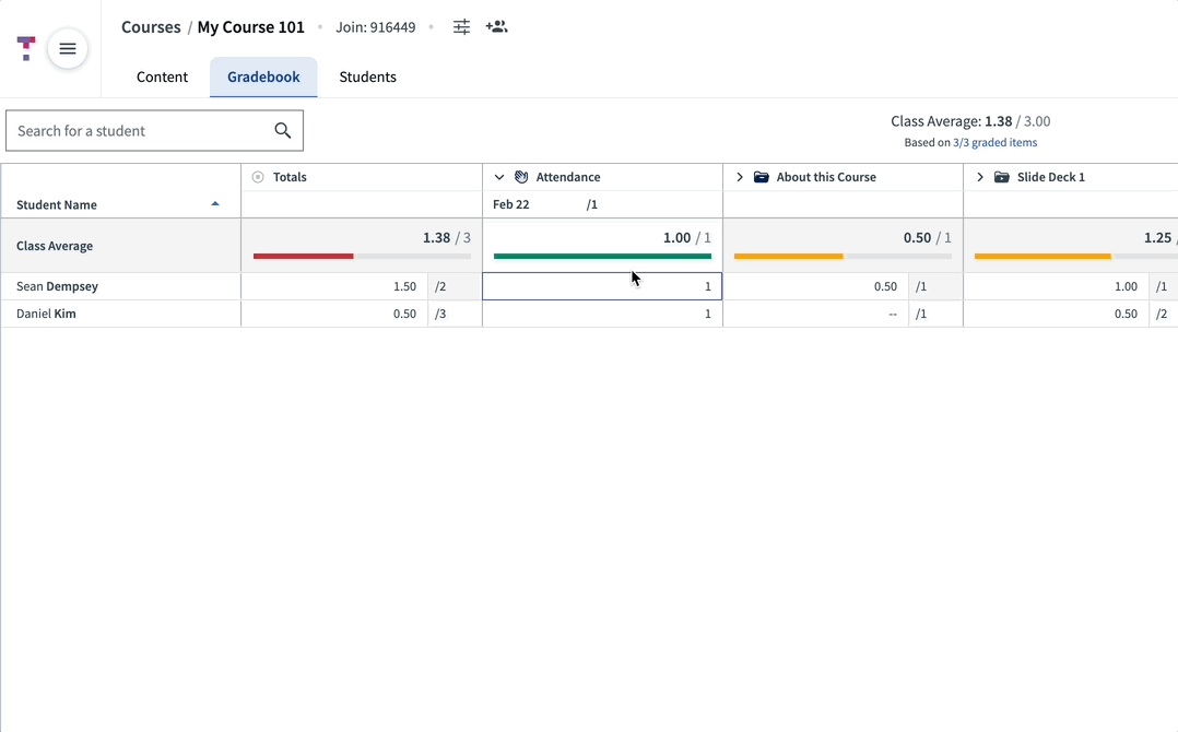 [Animation showing how to open an Attendance Report from the Gradebook column header]