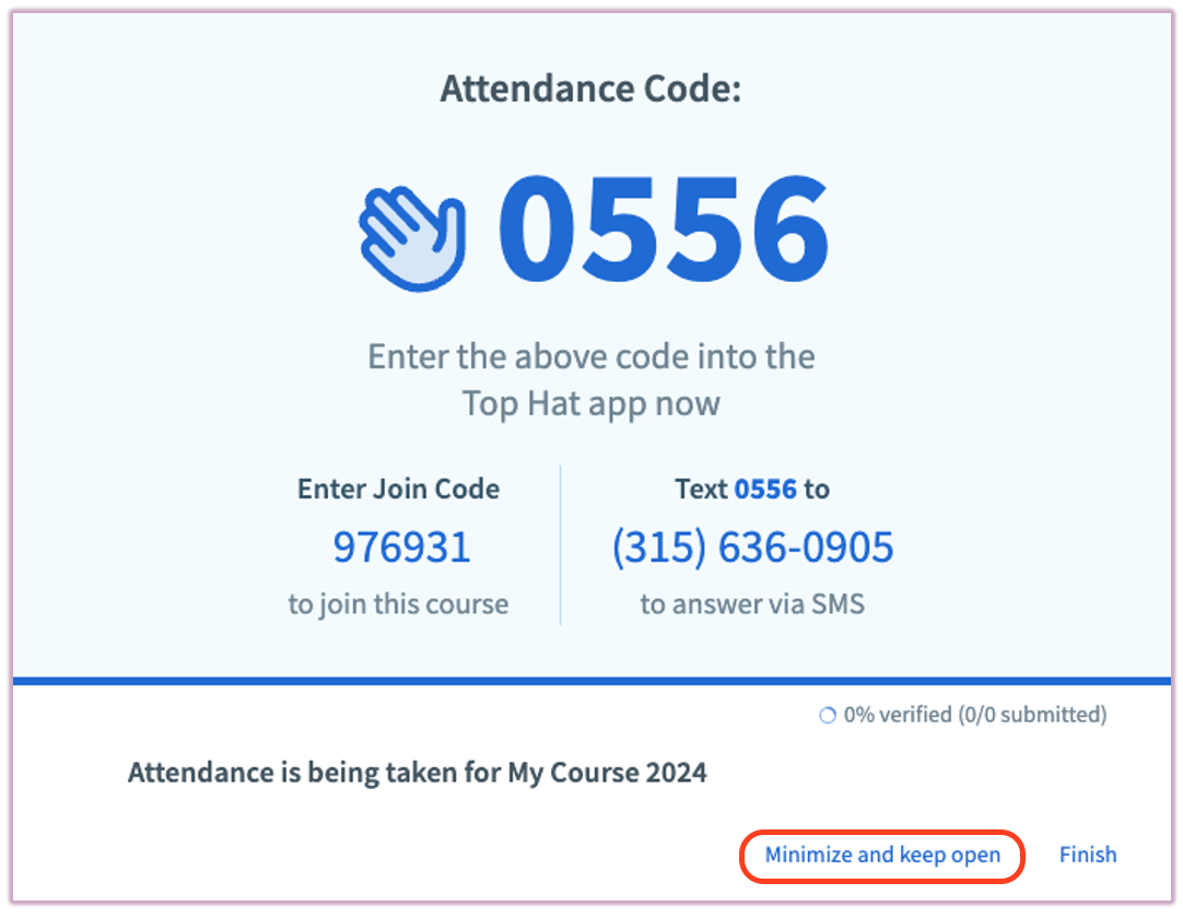 [Top Hat Attendance Code modal displaying a 4-digit code and the Minimize option]