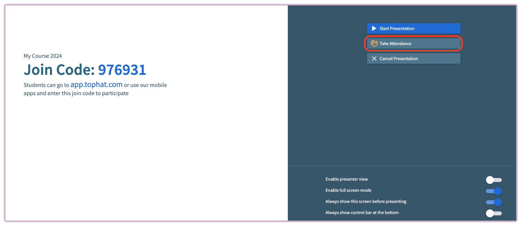 [Top Hat presentation launch page showing the Take Attendance button]