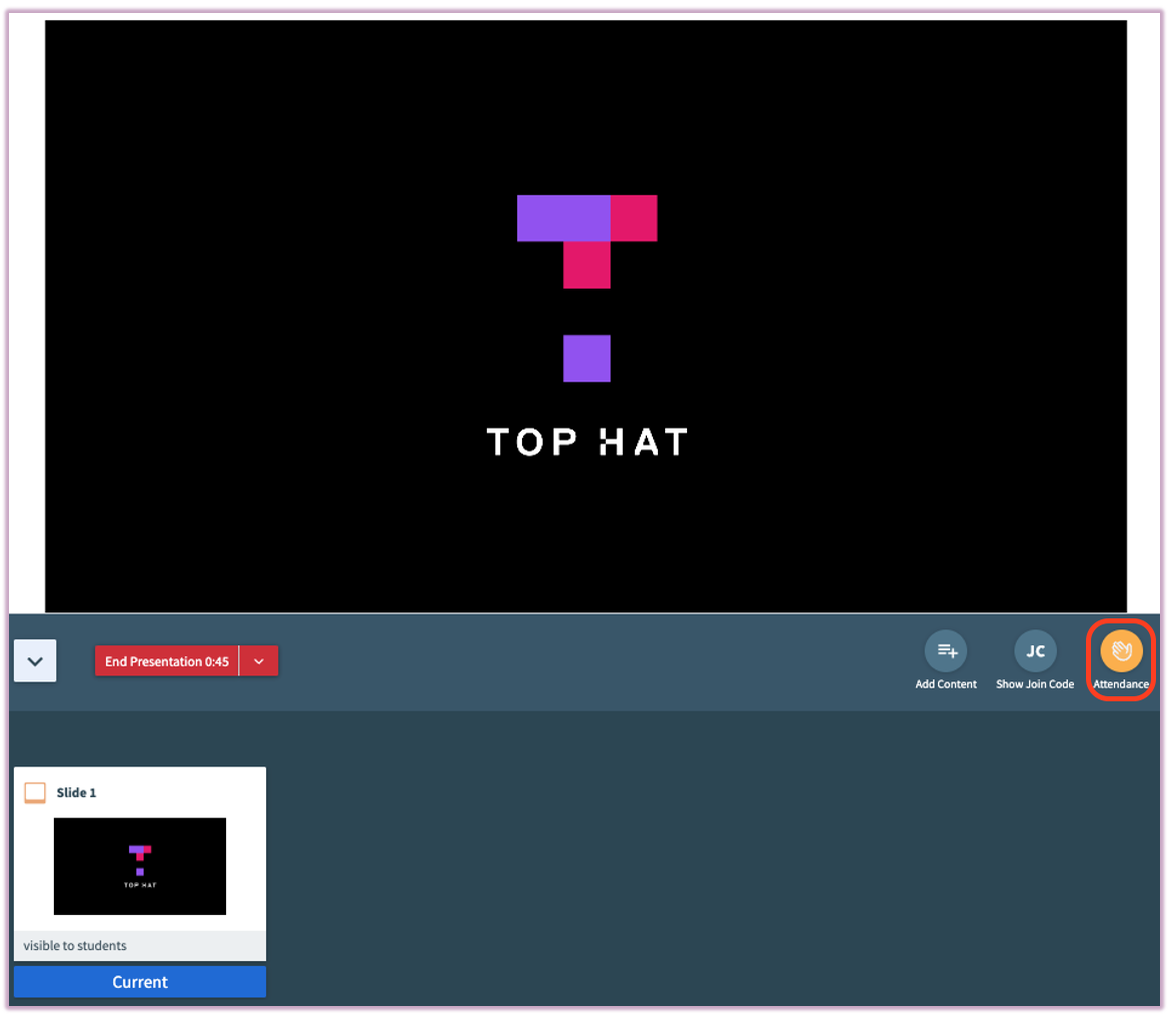 [Top Hat slide drawer menu highlighting the yellow Take Attendance button]