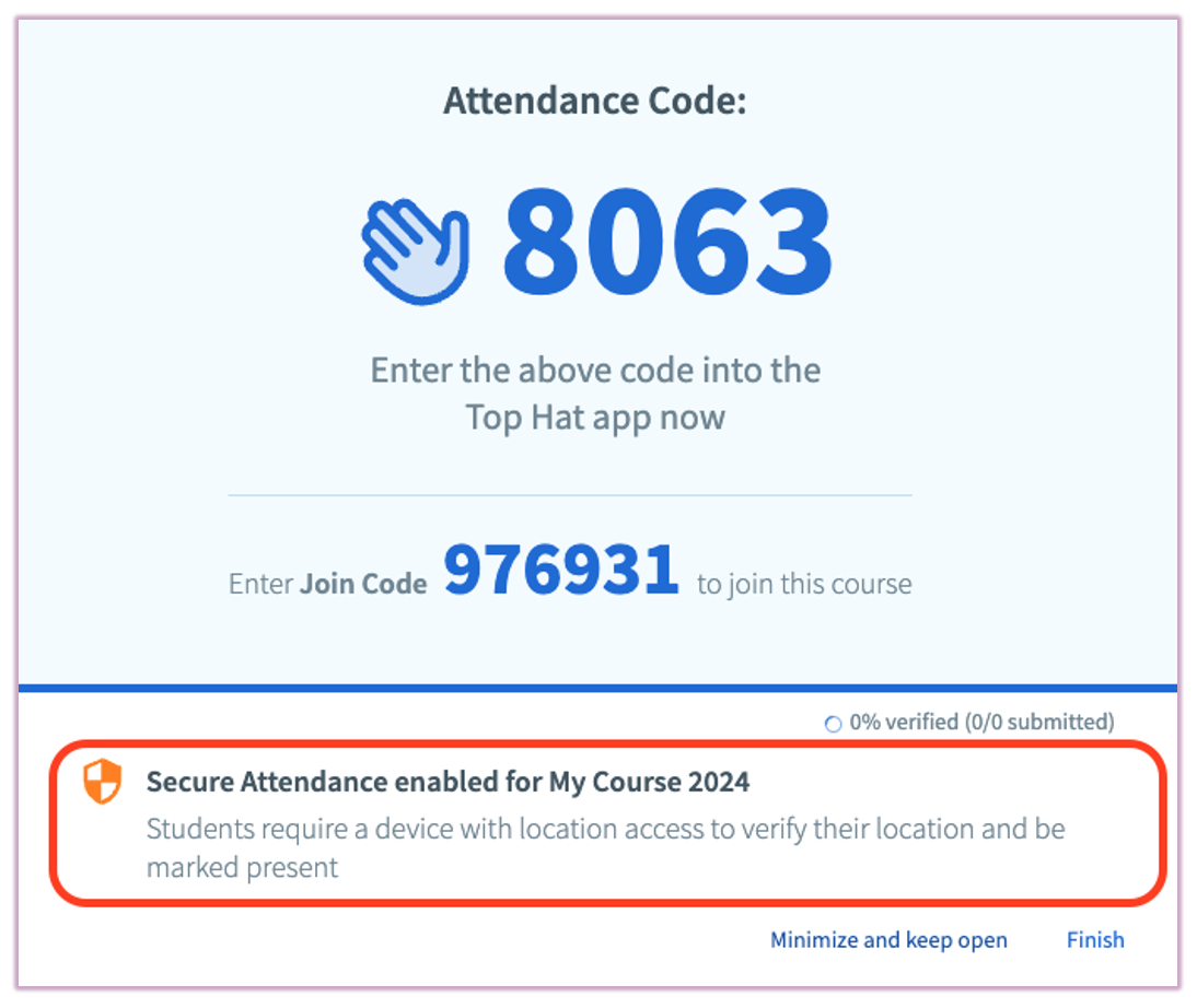 [Top Hat Attendance Code modal showing a green Secure Attendance Enabled badge]