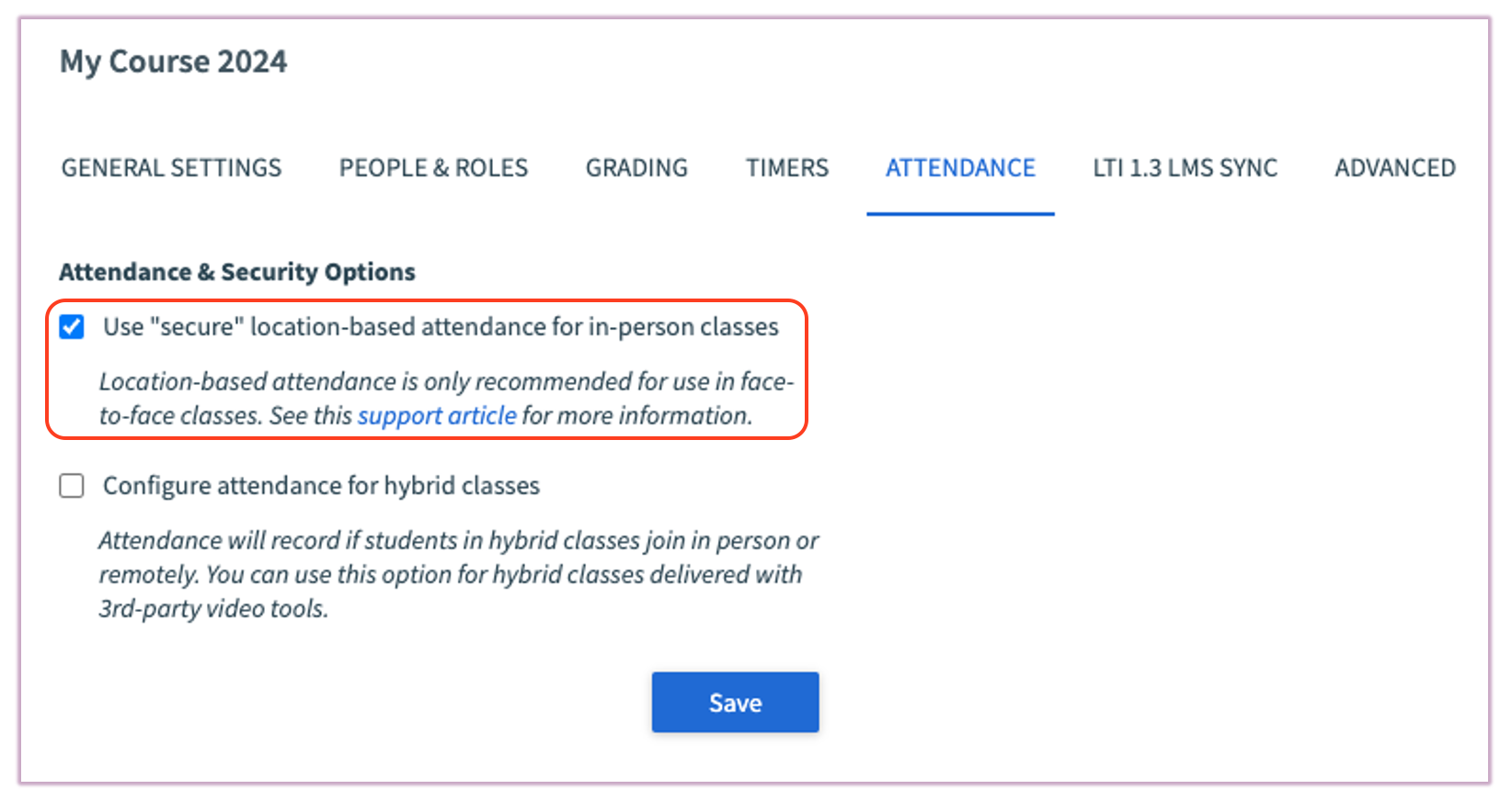 [Top Hat Course Settings Attendance tab highlighting the Secure location-based attendance checkbox]