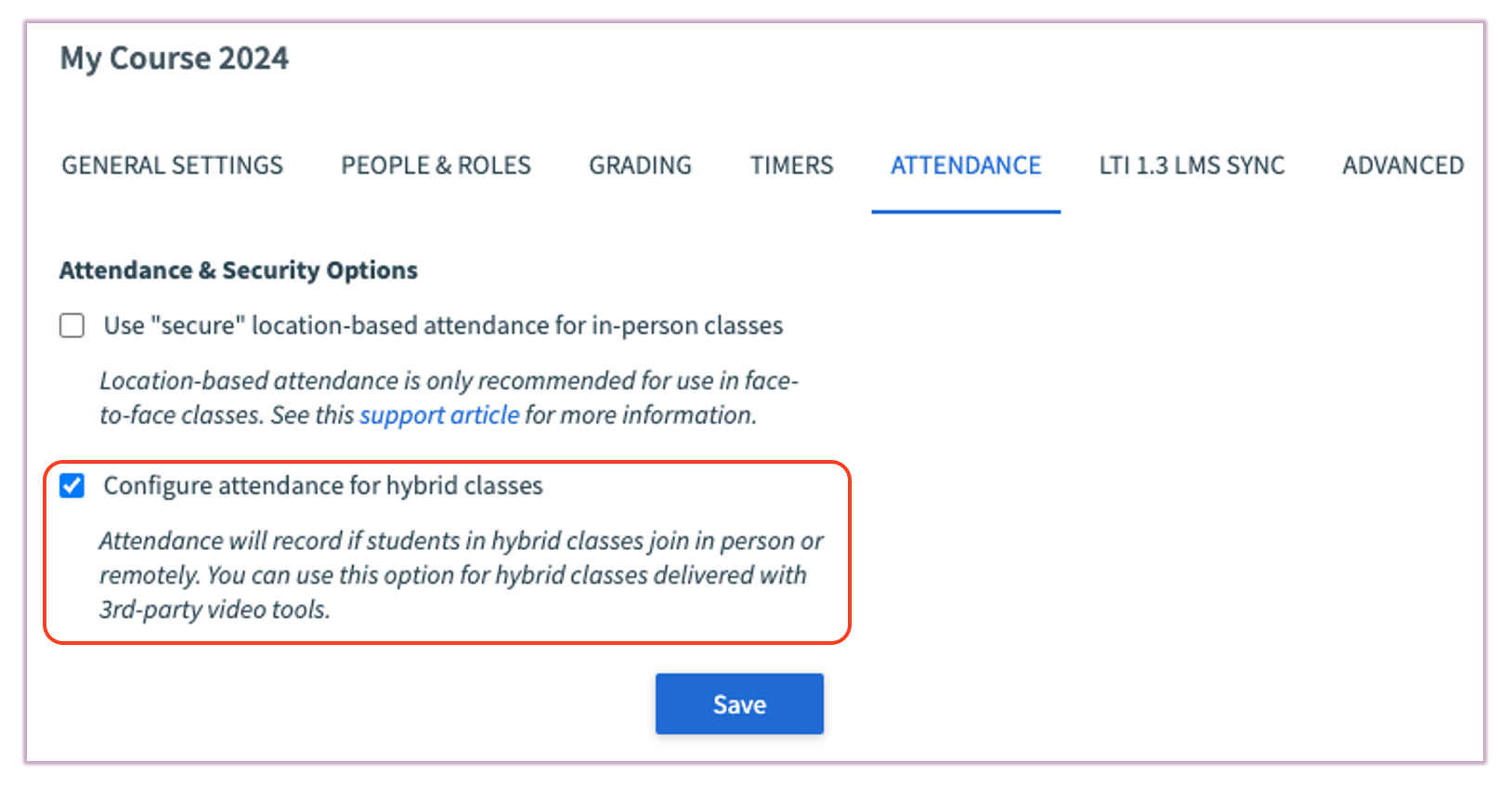 [Top Hat Course Settings Attendance tab highlighting the hybrid classes checkbox]