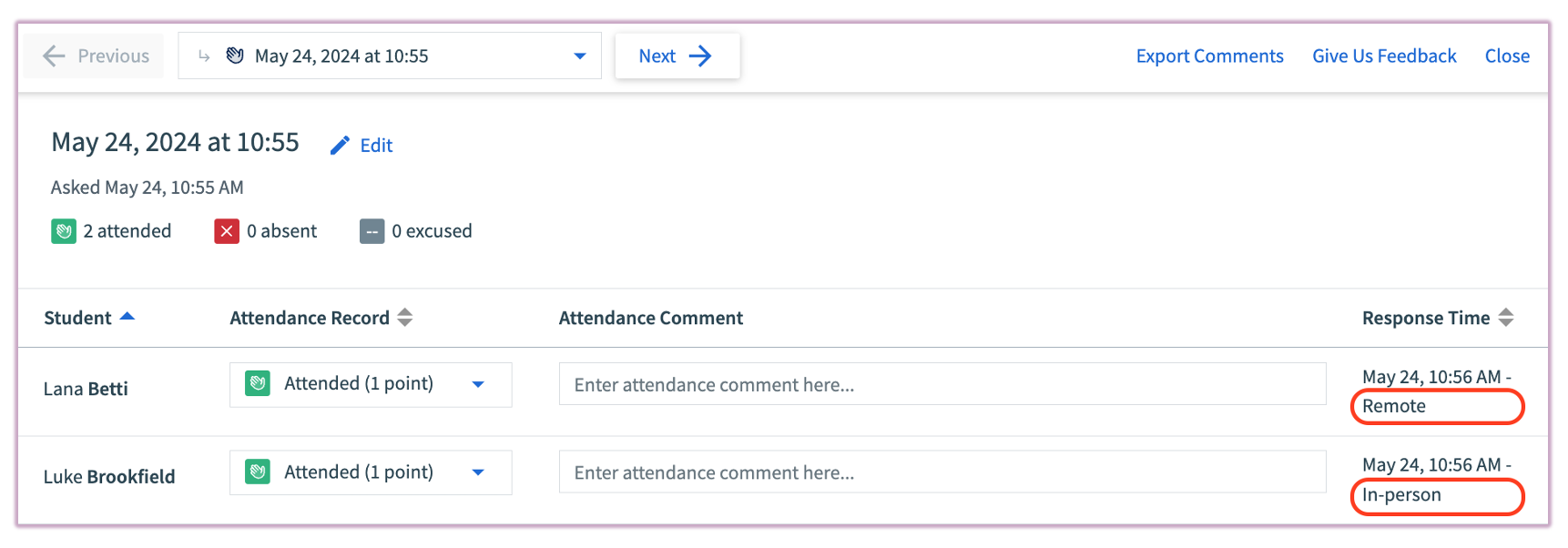 [Top Hat Gradebook displaying Remote or In-Person badges next to student attendance submissions]