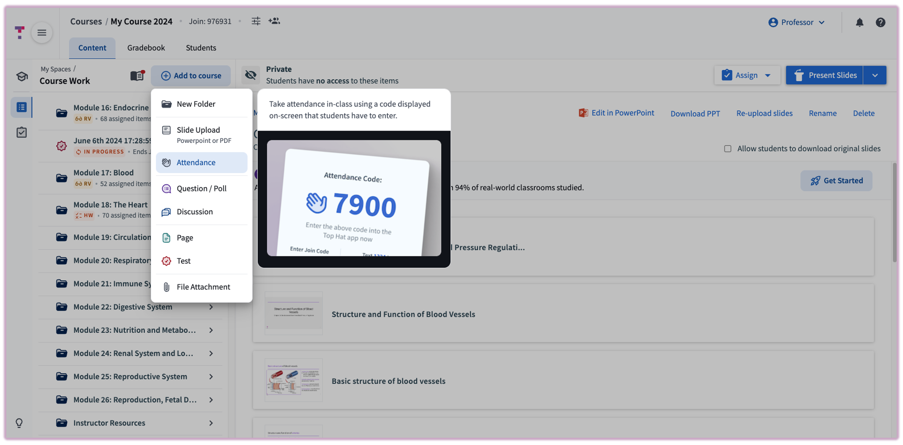 [Top Hat interface highlighting the Add to course menu with Attendance selected]