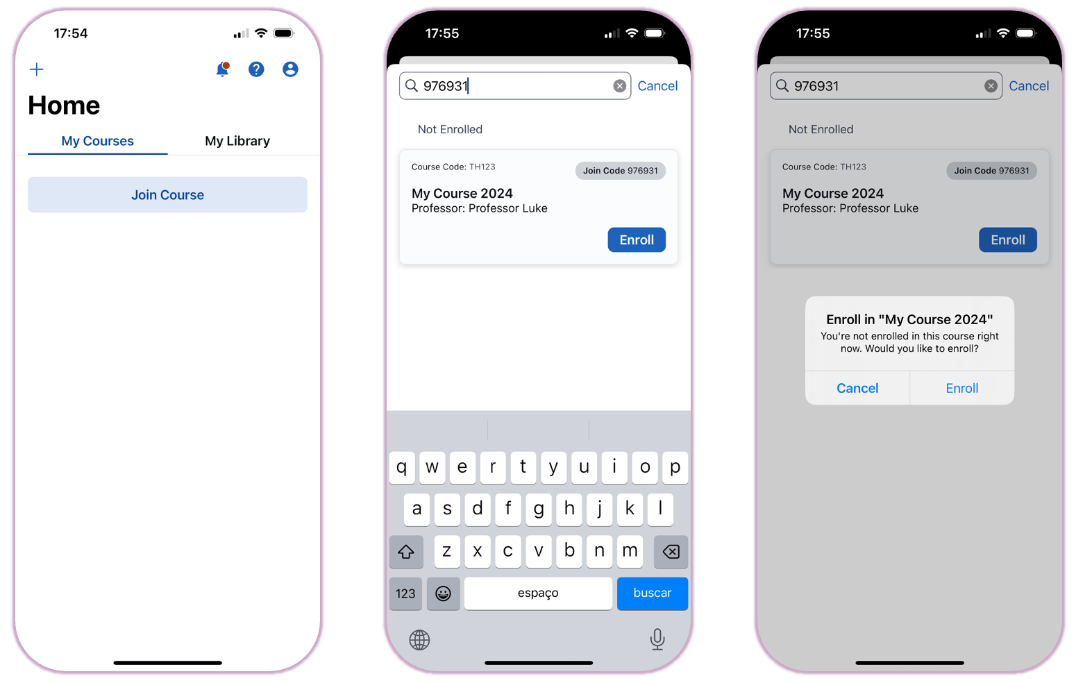 iPhone screens illustrating the step-by-step process: clicking 'Join Course' in the lobby, viewing the course search results, and the final enrollment confirmation message.