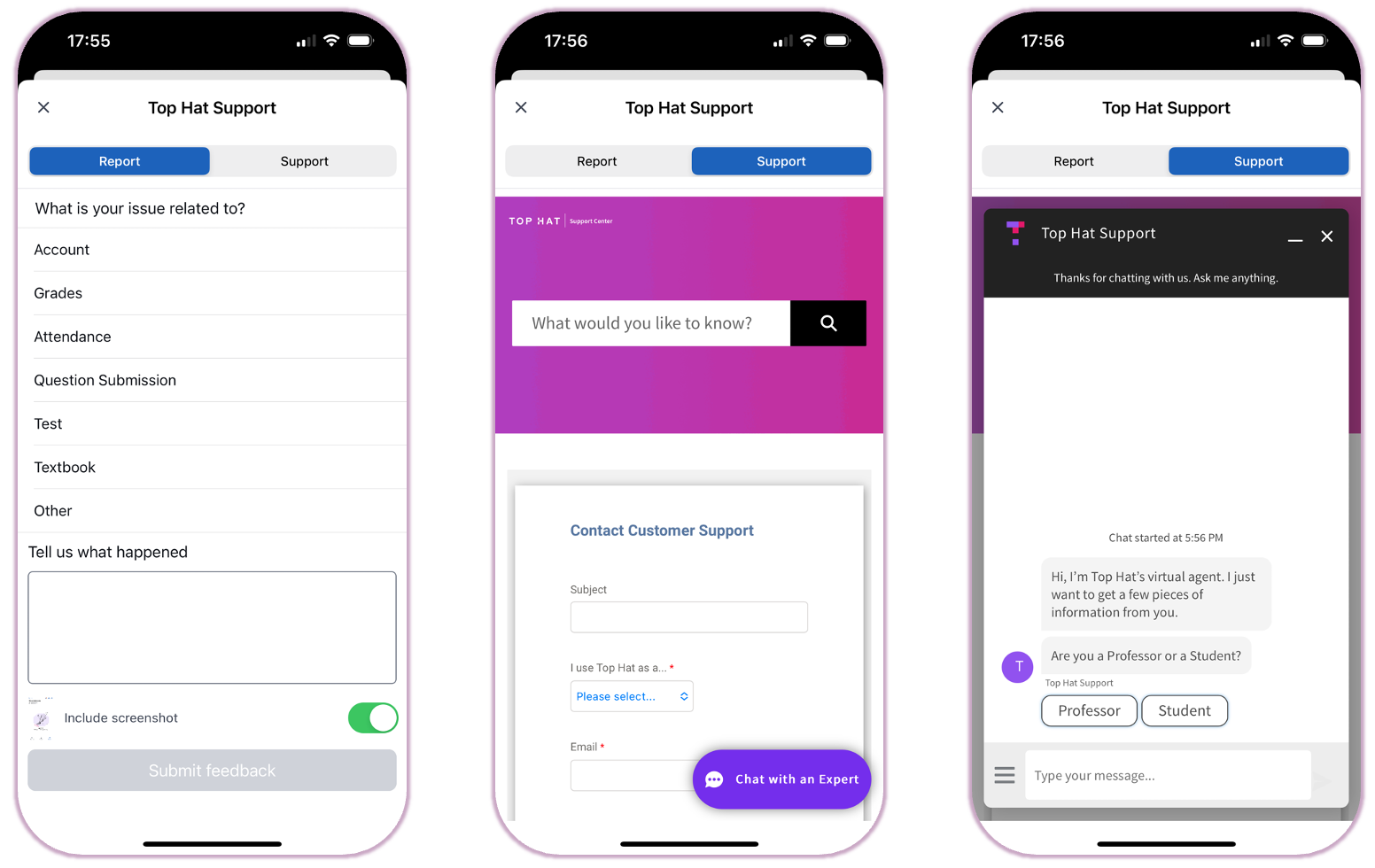 iPhone screens showing the support interface: the 'Report an Issue' form, the Support center homepage, and an active Support Chat window.