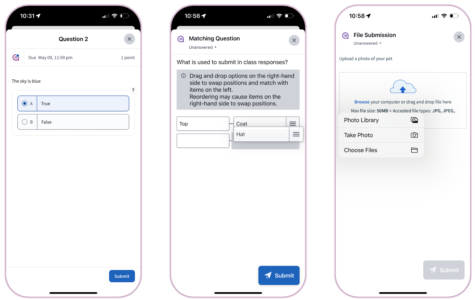 iPhone screens showing different active question types: a True/False toggle, a matching pair interface, and a file upload prompt.