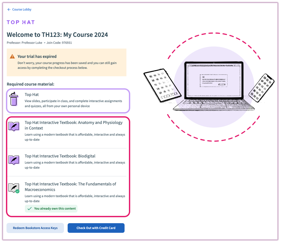 Course checkout page showing required and optional textbook selections.
