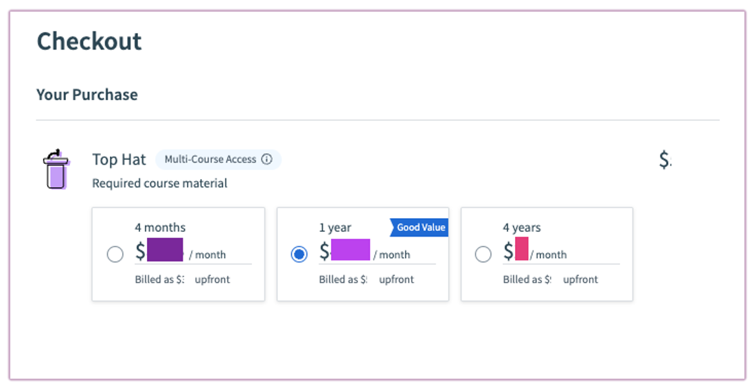 Course checkout page showing different classroom prices.