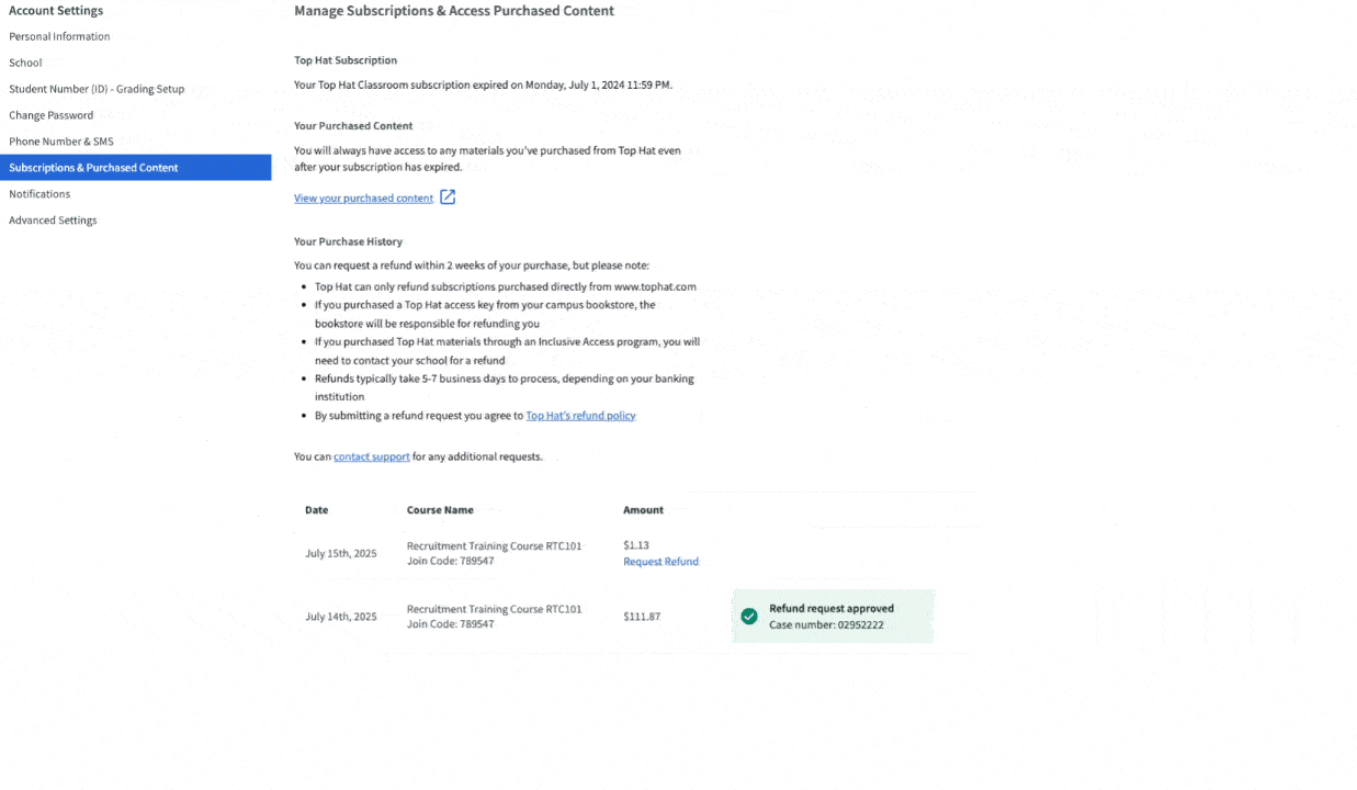 The subscriptions page in account settings with the Request Refund button highlighted.