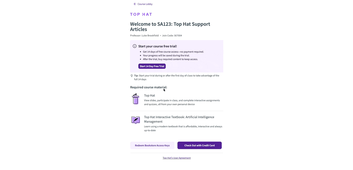 Animation showing the user clicking the 'Start 14-day Free Trial' button in the checkout flow.