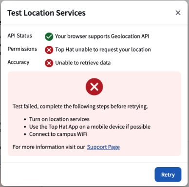 Error message stating 'Location Services Failed' with a list of troubleshooting tips.