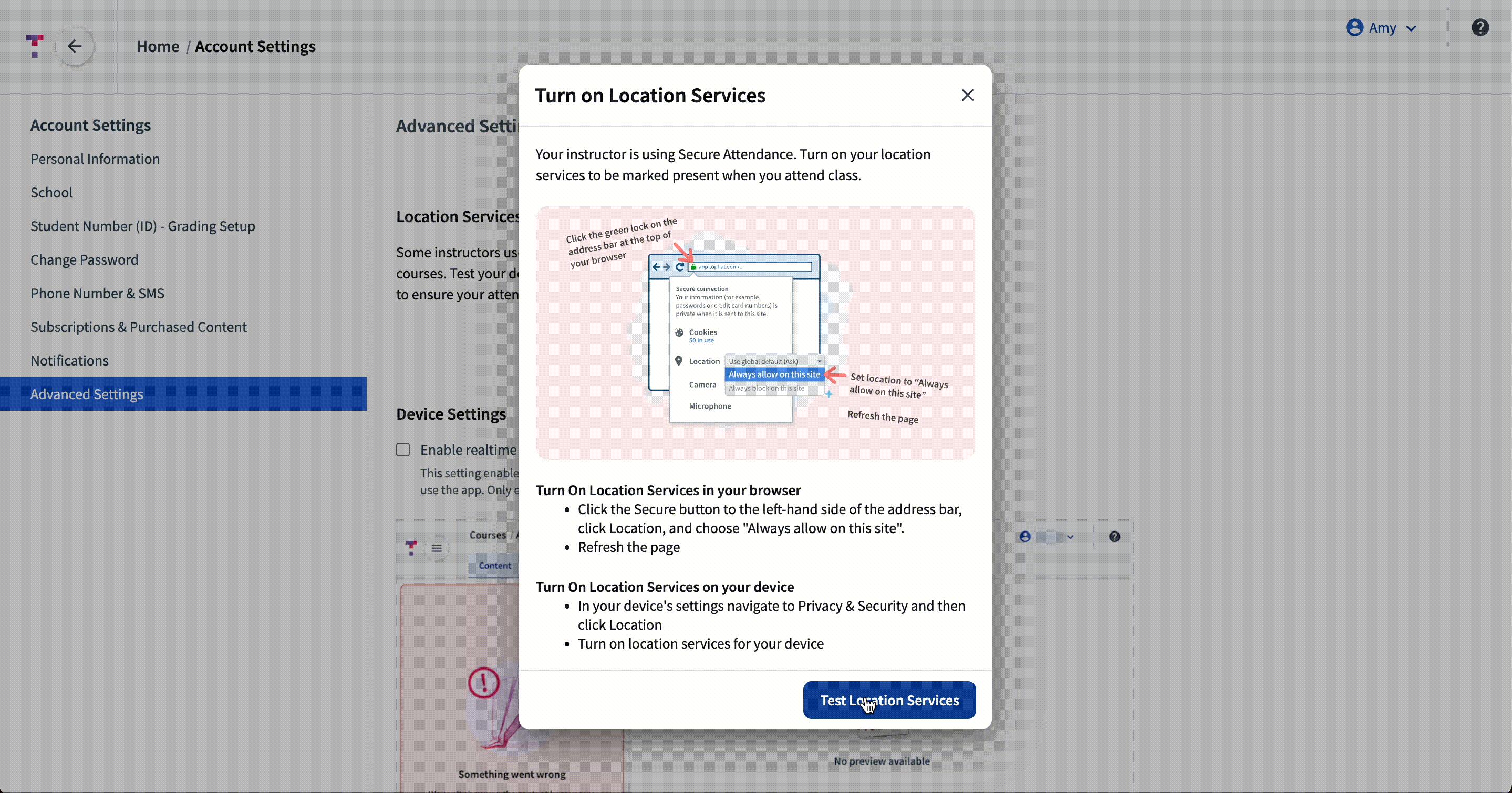 Location test interface showing a successful connection status.