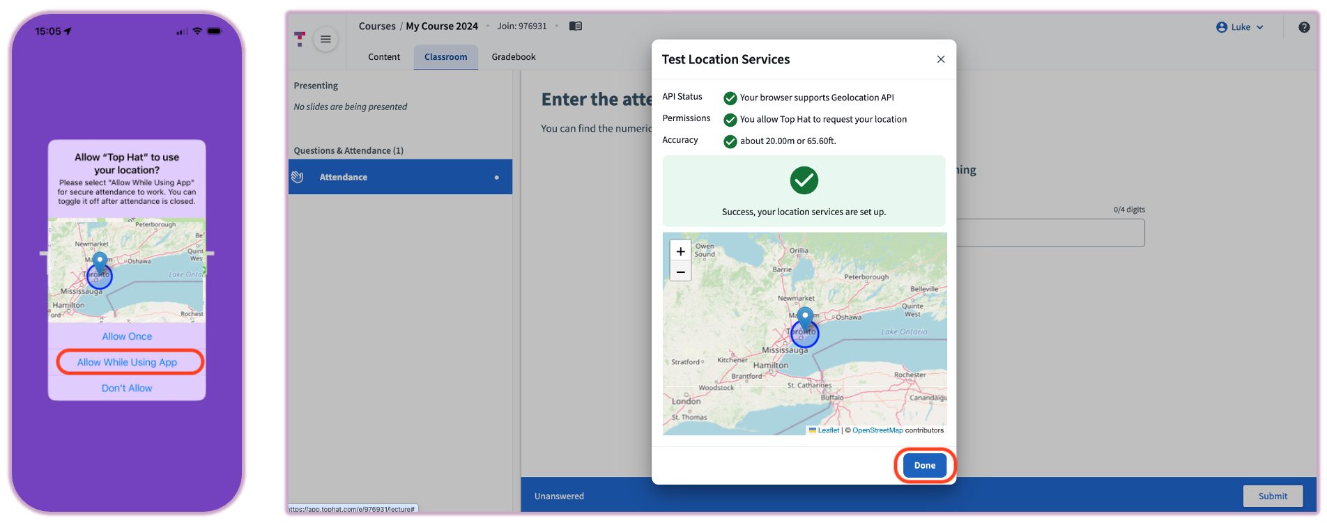 Instructional prompt within Top Hat asking to 'Allow Location' for Secure Attendance verification.