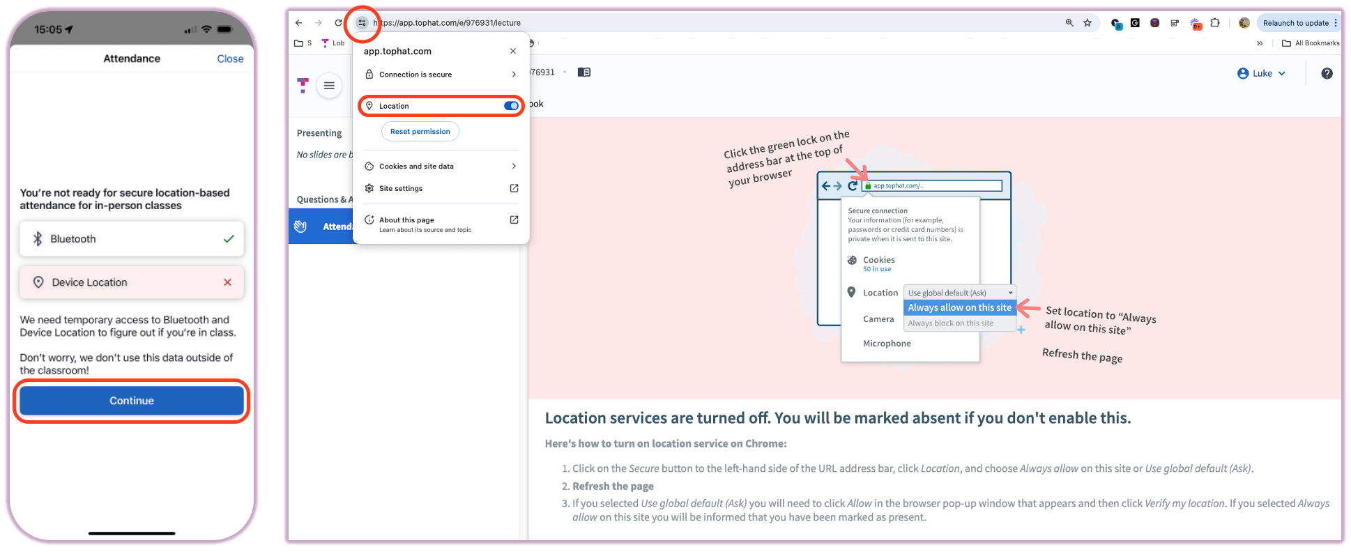 Browser address bar highlighting the location icon used to manage site permissions.