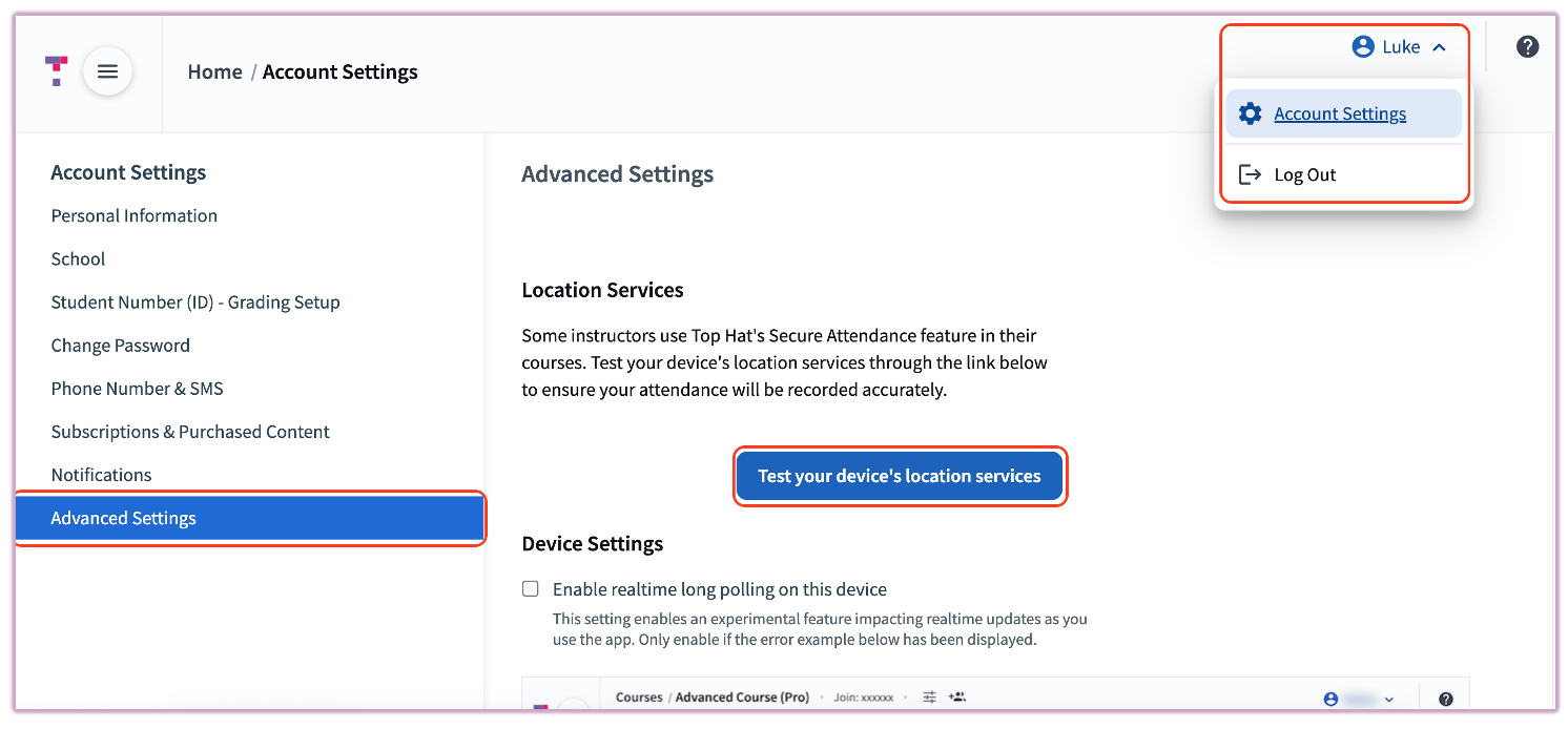 Account settings menu highlighting the Advanced Settings tab for location testing.