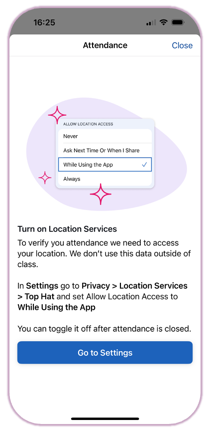 iOS settings screen showing Top Hat permission set to 'While Using the App' with 'Precise Location' toggled on.