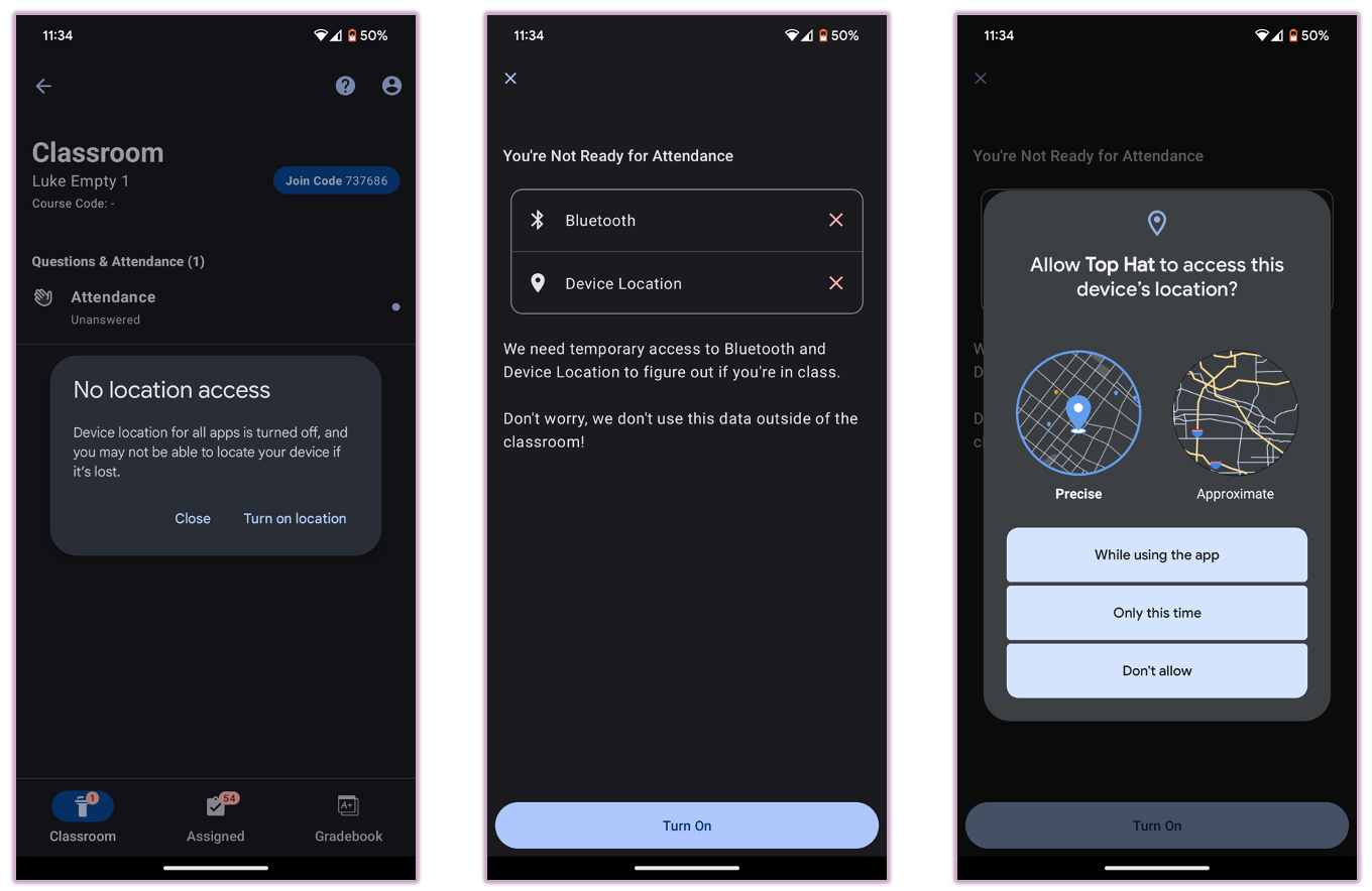 Android system dialog asking to 'Allow Top Hat to access this device's location'.