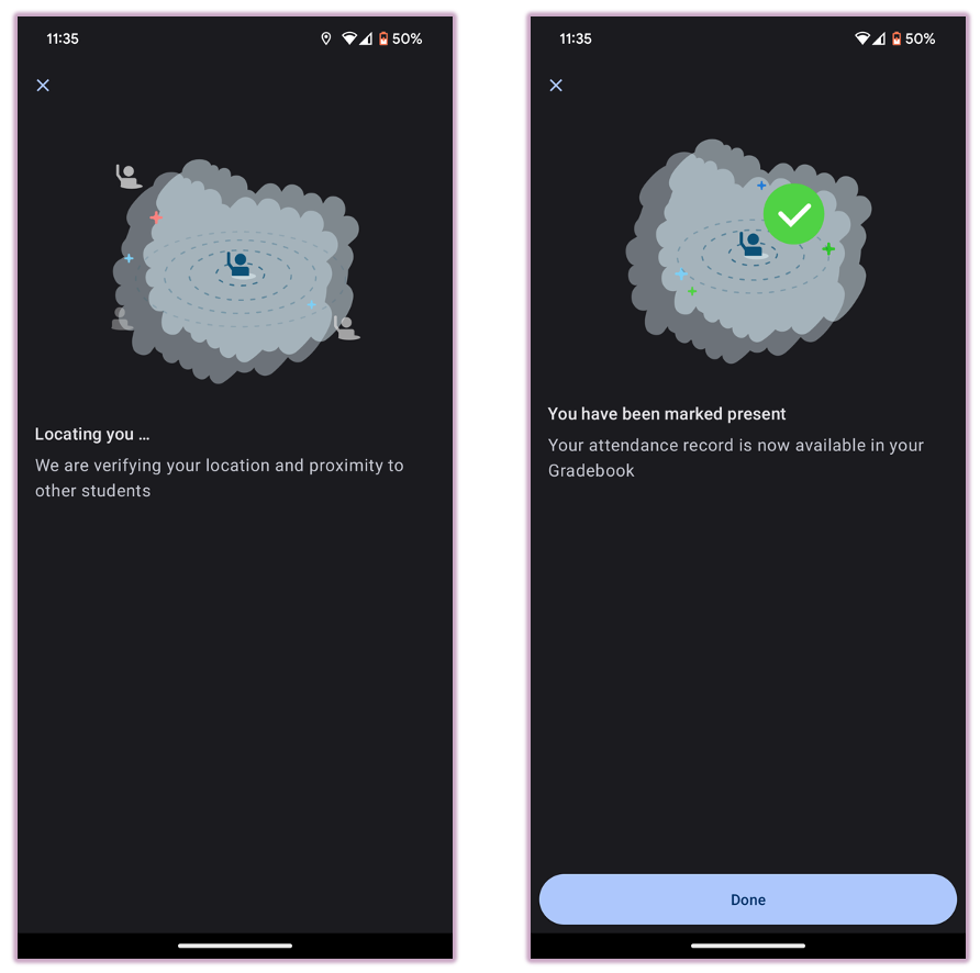 Android app screen confirming 'You have been marked present' with a green checkmark.
