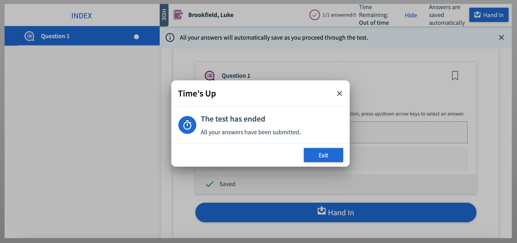 Final test screen: Time's up! Your test has been submitted.