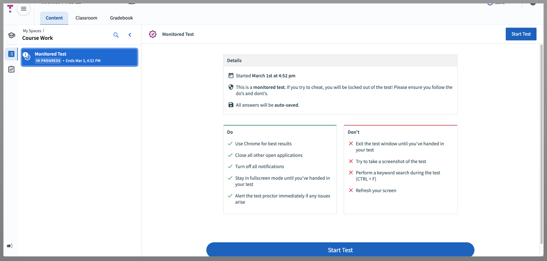 The pre-test summary page showing test duration and a button to Start Test.