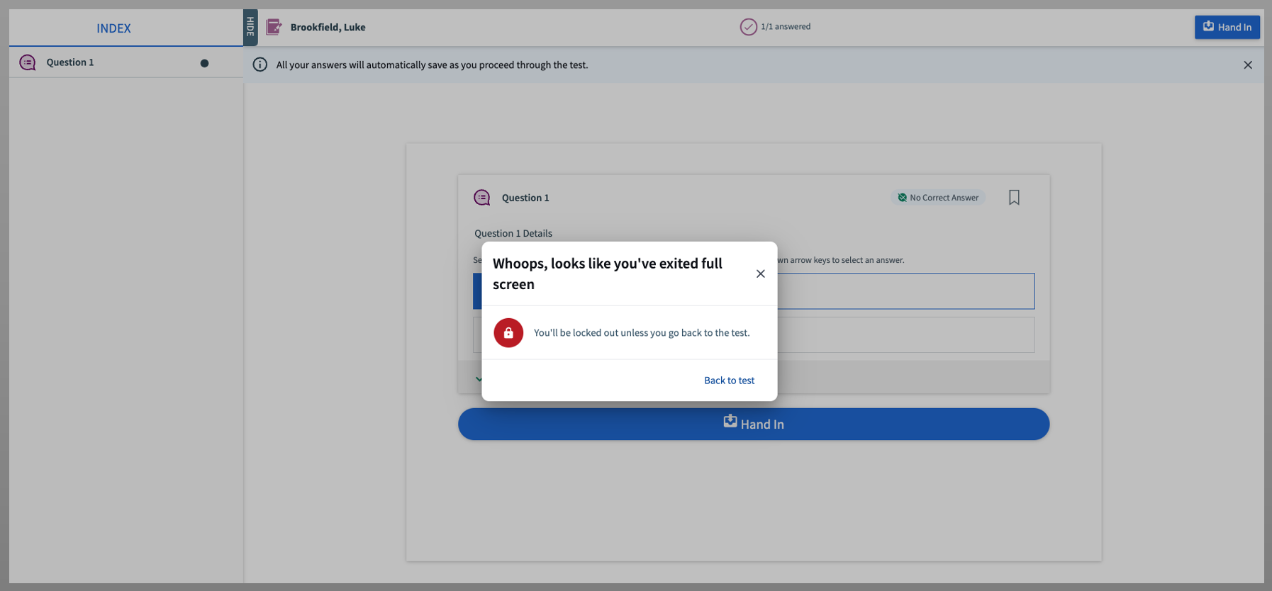 Full-screen lockout message: Oh No! You've been locked out. Buttons to 'Back to test' are visible.