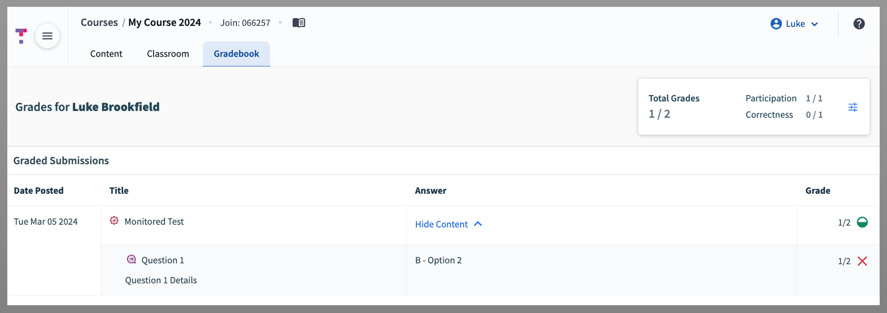 A Gradebook view where a specific test row is expanded to show points earned and a 'Review' button.