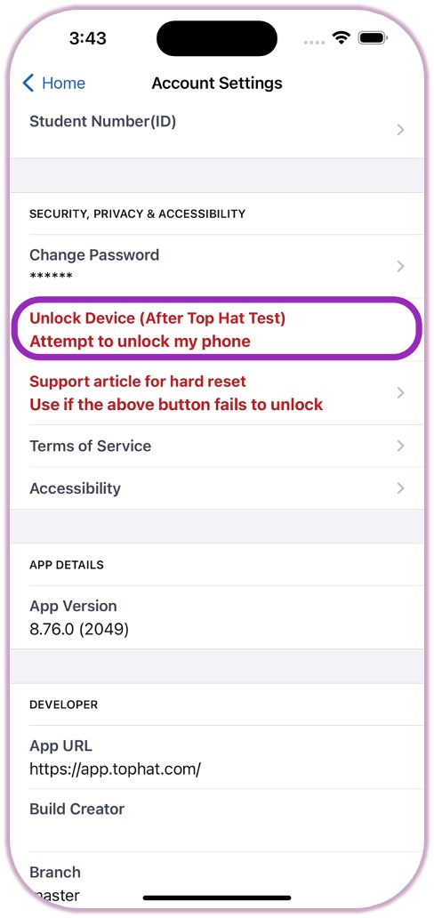 The Account Settings menu on a mobile device showing the 'Unlock Device' troubleshooting option.