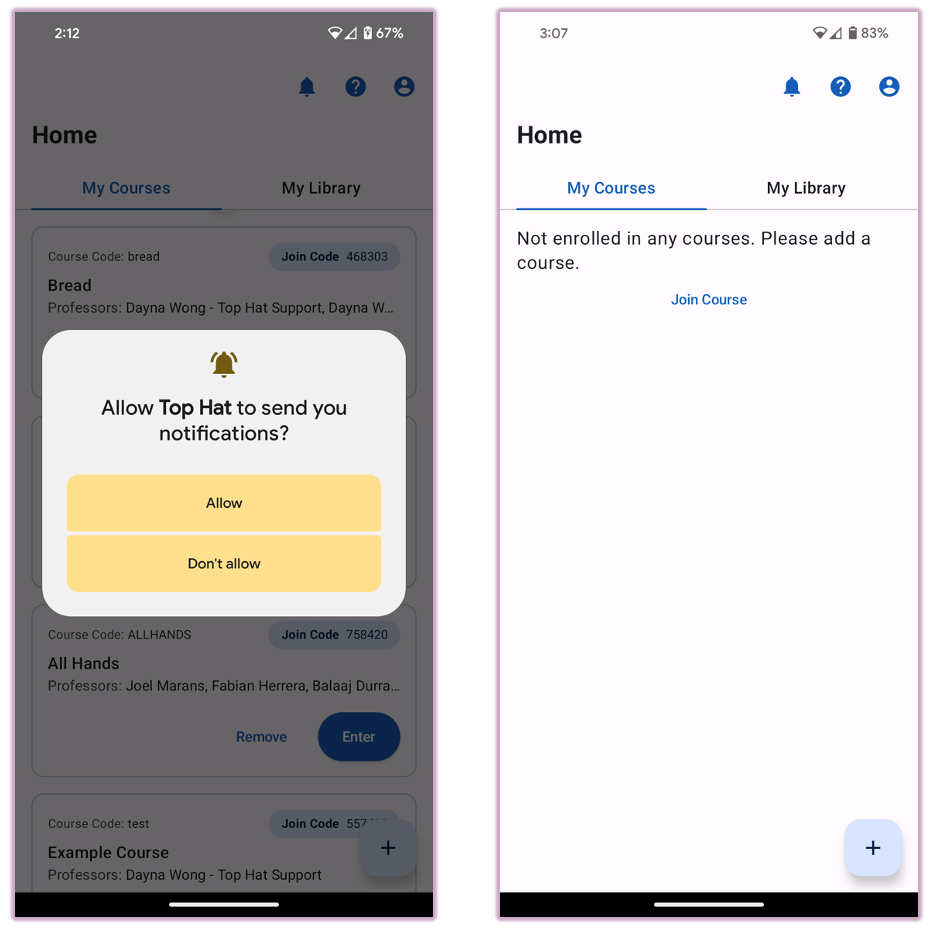 Android screens showing the push notification permission prompt and the main Course Lobby.