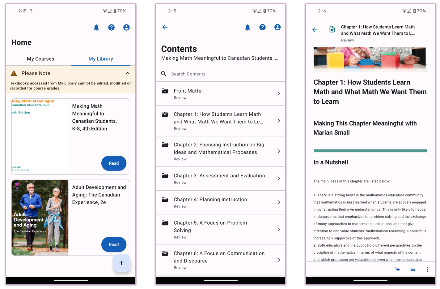 Android screens showing the My Library bookshelf, table of contents, and an eTextbook chapter.