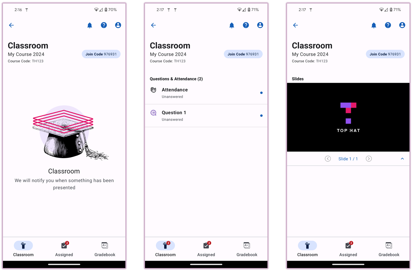 Android screens showing live presented content in the Classroom space and a slide deck.