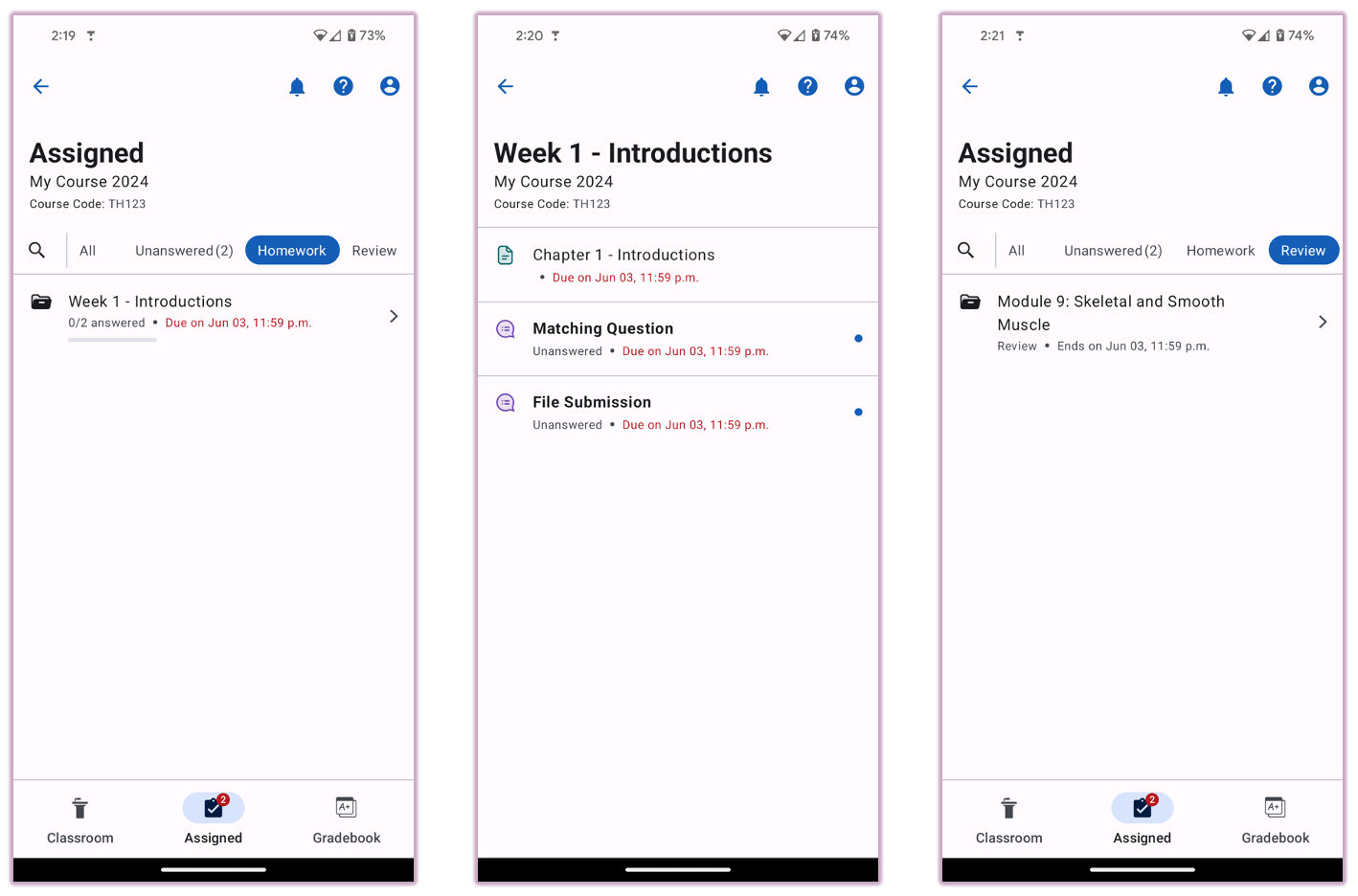 Android screens showing content folders and items assigned for Homework or Review.